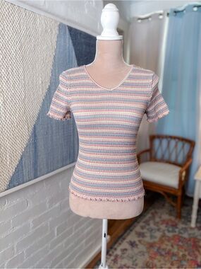 Art Class Smocked Soft Blue and Rose Striped Top